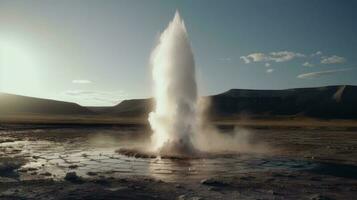 A geyser erupting in an otherwise serene landscape photo