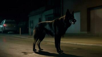 A guard dog patrolling its territory at night photo