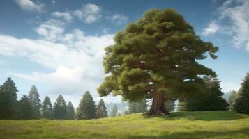 A giant sequoia growing alone in a clearing photo