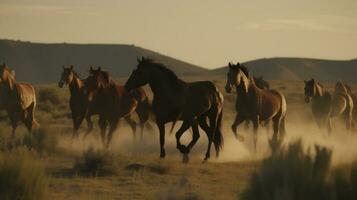 A pack of wild horses running free across grassland photo