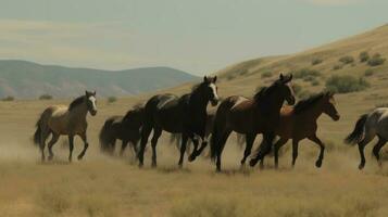 A pack of wild horses running free across grassland photo