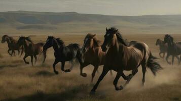 A pack of wild horses running free across grassland photo