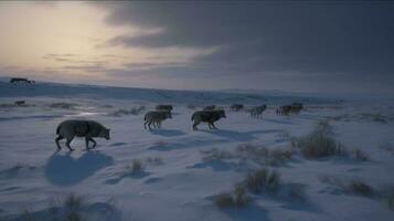 A pack of wolves hunting in the snowy tundra photo