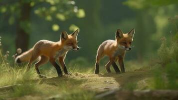 A playful chase between two fox cubs photo