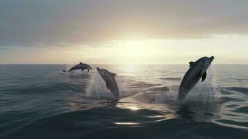 A pod of dolphins leaping out of the water in synchrony photo