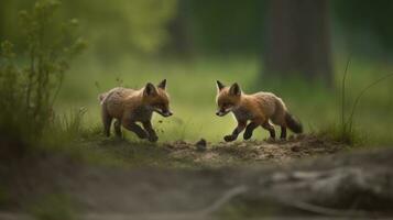 A playful chase between two fox cubs photo