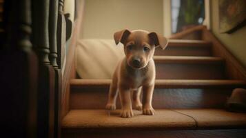 A puppy learning to climb up stairs for the first time photo