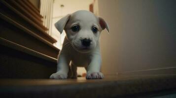 A puppy learning to climb up stairs for the first time photo