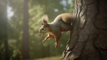 A squirrel escaping a predator by nimbly climbing a tree photo