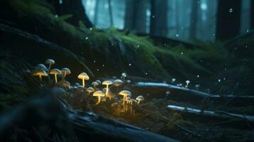 An array of bioluminescent mushrooms lighting up the forest floor photo