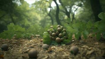 An oak tree dropping its acorns in a quiet forest photo