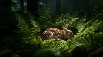 The birth of a fawn hidden in a bed of ferns photo