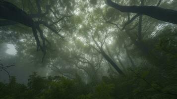 The forest canopy swaying during a windstorm photo