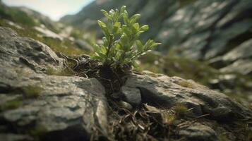 The struggle of a young tree growing on rocky mountain slopes photo