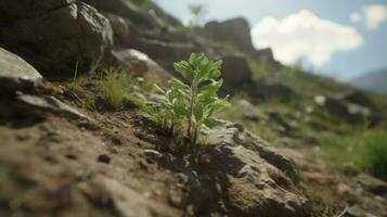 The struggle of a young tree growing on rocky mountain slopes photo