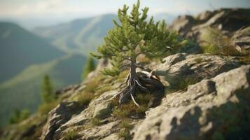 The struggle of a young tree growing on rocky mountain slopes photo