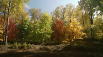 The transformation of a deciduous forest from summer to fall photo