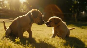 Two puppies playing with each other in a sunny park photo