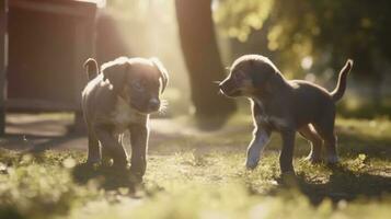 Two puppies playing with each other in a sunny park photo