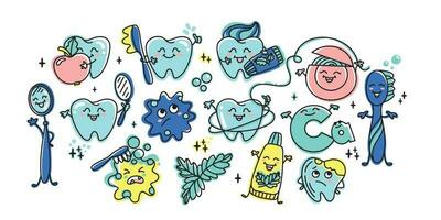 para niños odontología. conjunto de gracioso caracteres, dientes, cepillo de dientes, pasta dental y dental herramientas. vector