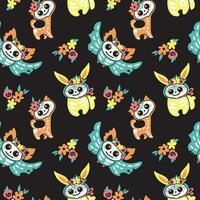 Cute skeletons of the cat and bat. Kids print. Day of the dead. Halloween. Seamless pattern. Vector