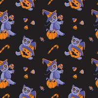 Halloween rag dolls. Pumpkins, candies, spider web and others halloween attribution. Childish print. Seamless pattern vector