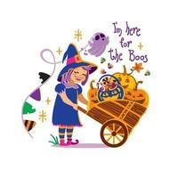 Little girl in a witch costume carries a cart with pumpkins. Halloween illustration. vector