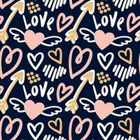 Different shaped heart on black background. San Valentine's Day. Seamless pattern. Vector