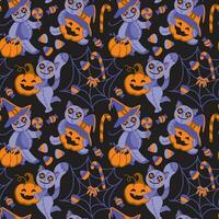 Halloween rag dolls. Pumpkins, candies, spider web and others halloween attribution. Childish print. Seamless pattern vector