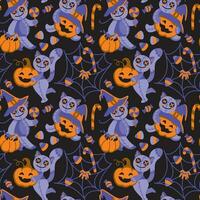 Halloween rag dolls. Pumpkins, candies, spider web and others halloween attribution. Childish print. Seamless pattern vector