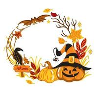 Halloween frame for your text. Autumn leaves, branches, pumpkins and other traditional elements of Halloween. Vector illustration. Mockup