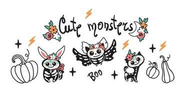 Set of cute monsters for Halloween. Vector