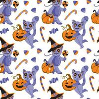 Halloween rag doll. Pumpkins, candies and others halloween attribution. Childish print. Seamless pattern vector