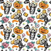 Funny cat in costume skeleton on halloween. Cute kid print. Seammles pattern. Vector