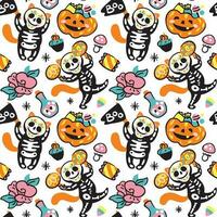 Funny cat in costume skeleton on halloween. Cute kid print. Seammles pattern. Vector