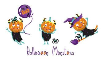 Funny pumpkin monsters. Halloween illustration. Kids print. Vector