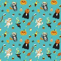 Funny cat on halloween costumes. Kids pattern for halloween. Seamless pattern for fabric, wrapping, textile, wallpaper, clothes. Vector. vector