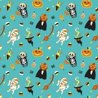 Funny cat on halloween costumes. Kids pattern for halloween. Seamless pattern for fabric, wrapping, textile, wallpaper, clothes. Vector. vector