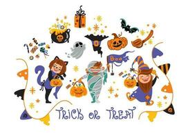 Vector set of characters and icons for Halloween in cartoon style. Pumpkin, bat, ghost and other traditional elements of Halloween. Children in costumes for Halloween