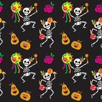 linda esqueleto. contento Víspera de Todos los Santos. Víspera de Todos los Santos calabaza. día de el muerto en México. sin costura modelo. gracioso niños impresión vector