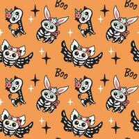 Cute skeletons of animal on pink background. Halloween illustration. Print for little girls. Seamless pattern. Vector