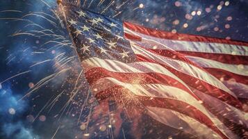 fireworks bursting in the night sky, with the American flag waving proudly in the foreground, AI Generated photo