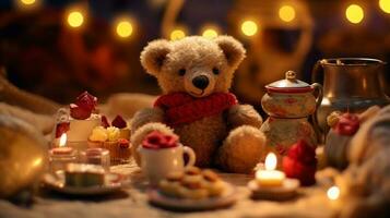 osito de peluche oso y vela disfrutando un picnic té fiesta con miniatura tazas de té y pasteles, creando un encantador y encantador escena, durante un mágico noche, generado por ai foto