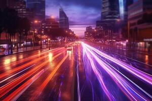 Abstract Light Trails in Urban Night Scene, photo