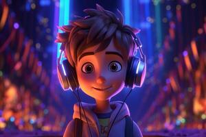 dibujos animados chico DJ con auriculares y vistoso luces, ai generado foto