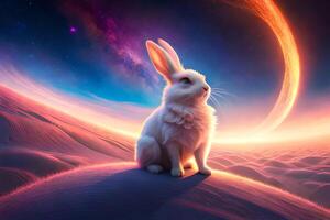 rabbit with galaxy theme and colorful light background, AI Generate photo