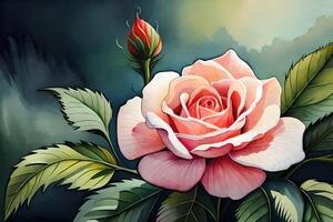 watercolor illustration of a blossoming rose. AI generate photo