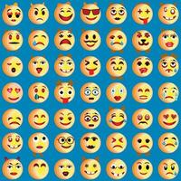 conjunto de emoticonos conjunto de emojis sonrisa iconos, gracioso dibujos animados amarillo emoji y emociones icono recopilación. estado animico y facial emoción iconos llanto, sonrisa, reír, alegre, triste, enojado y contento caras, vector