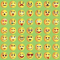 conjunto de emoticonos conjunto de emojis sonrisa iconos, gracioso dibujos animados amarillo emoji y emociones icono recopilación. estado animico y facial emoción iconos llanto, sonrisa, reír, alegre, triste, enojado y contento caras, vector