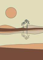 Desierto oasis en tiempo de día y agua minimalista imprimible ilustración. dunas y palmas vector